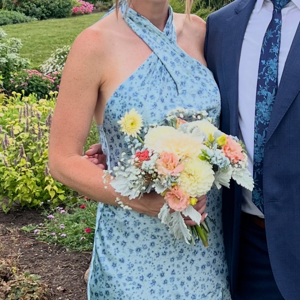 Revelry Athena Satin Floral Print / Sky Blue Posey Bridesmaid